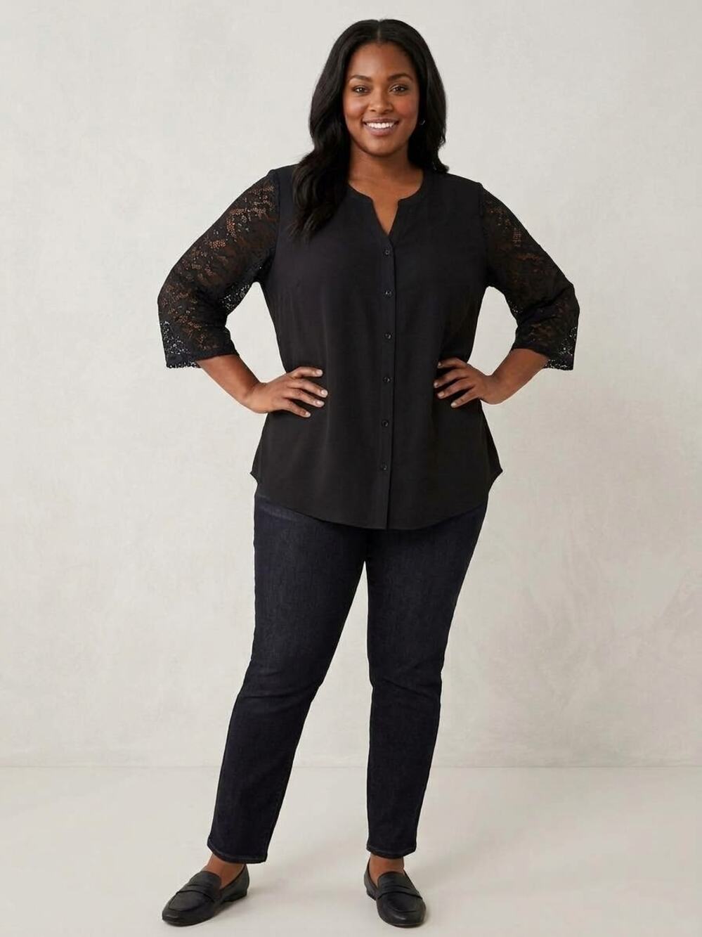 D & Co. Denim & Company Black Button Front Lace Sleeves Blouse Women 3x